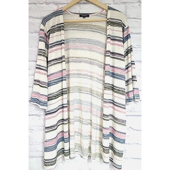 Torrid Multi Stripe Slub Knit Cardigan Women's 3X Open Front 3/4 Sleeves Stretch - Picture 1 of 7